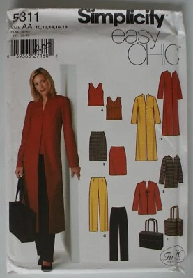 SIMPLICITY #5311 MISSES SIZES 10-18 COAT JACKET TOP SKIRT PANTS TOTE PATTERN UC - Image 1 of 4
