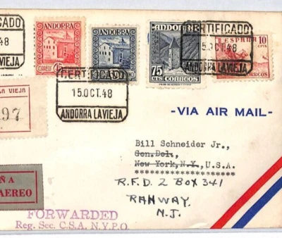 ANDORRA Air Mail 1948 Cover (Spanish) Registered USA NJ Rahway Forwarded YV286 - Image 1 of 4