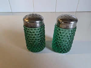 Vintage Green Glass Hobnail Salt & Pepper Shakers - Picture 1 of 4
