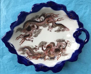 Vtg Chinese Brush Washer Dragon Porcelain Hand Painted 5.5x6.75 Leaf Dish - Picture 1 of 9