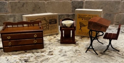 Vintage Cherrywood Dollhouse Furniture Orig Boxes Chest, Washstand, Desk/Chair - Image 1 of 4