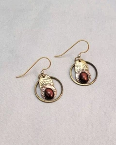 Mixed Metal Brass Copper Textured Tiger Eye Glass Dangle Drop Abstract Earrings - Picture 1 of 8