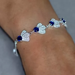 925 Sterling Silver Blue Sapphire & CZ Gemstone Petal Adjustable Bracelet - Picture 1 of 7