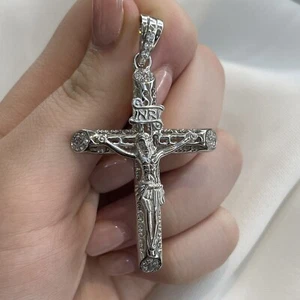 Sterling Silver CZ Crucifix Pendant Set Cross 13.60 Grams -  Pendant H67 MM W38m - Picture 1 of 10