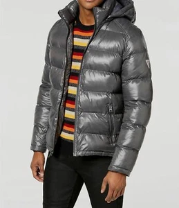 $225 Guess Men's Gray Hooded Puffer Warm Winter Zip Bomber Jacket Logo Coat L - Picture 1 of 4
