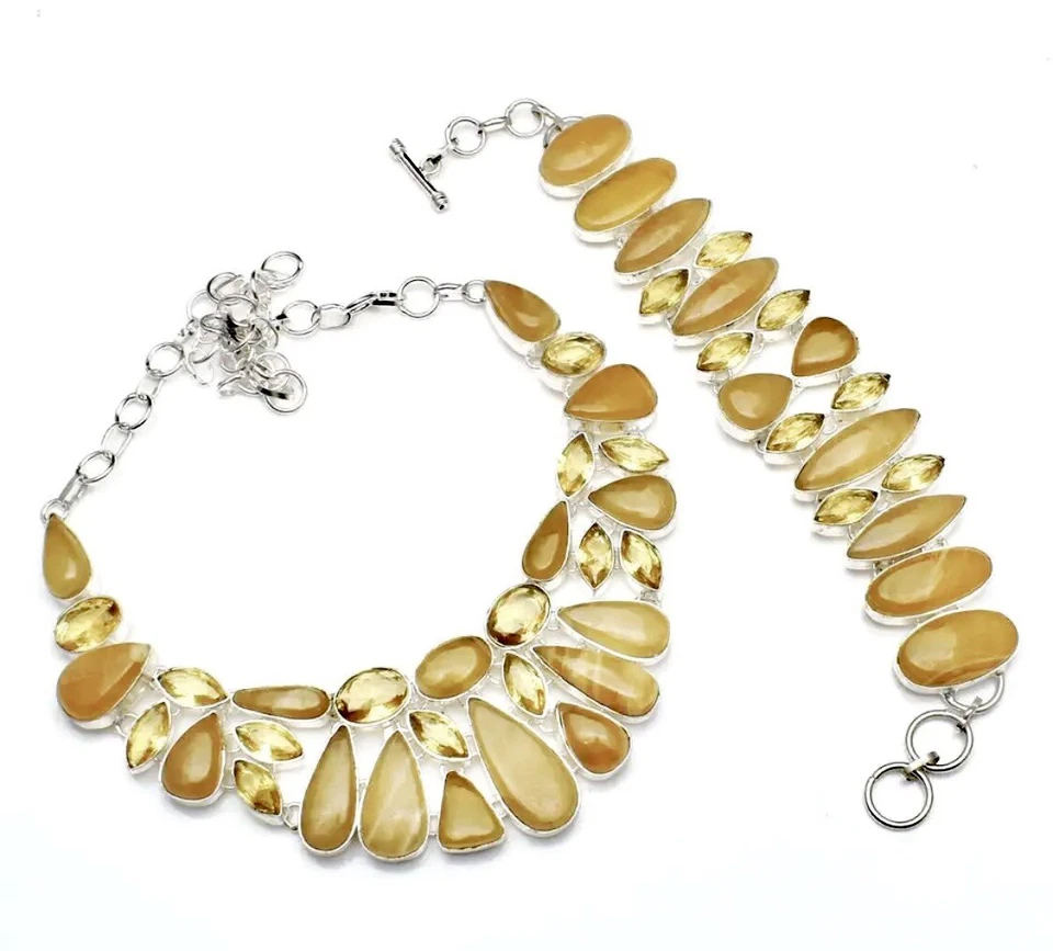 Collar grande Lanigirl amarillo encaje ágata hecho a mano + pulsera joyería 161 Gms Foto 1 de 2