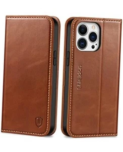 Case for iPhone 13 Pro Max 5G, Genuine Leather Folio Wallet Brown - Retro - Picture 1 of 7