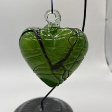 Hand Blown Made In Mexico Heart Ornament Green With Black Threads Grinch
