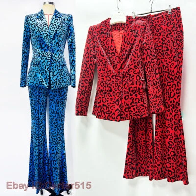 Conjunto de dos piezas de traje de terciopelo profesional con estampado de leopardo para mujer Foto 1 de 4