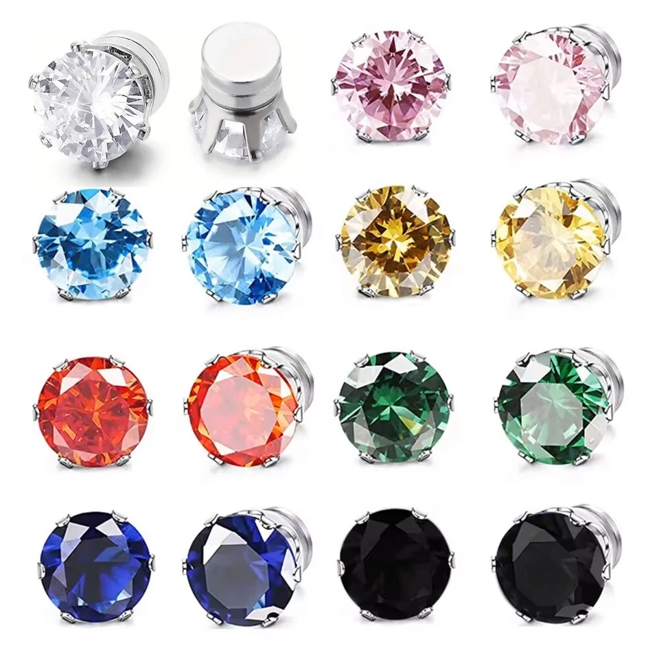 Men Women Stainless Steel Magnetic Stud Earrings Non-Piercing Cubic Zirconia E39 - Image 1 of 1