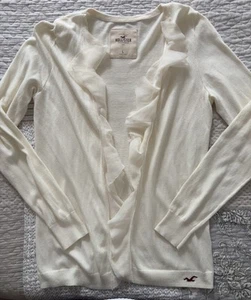 Vintage Hollister Lg Y2K Cream Knit Cardigan Ruffle Edging Cotton Cottage Core - Picture 1 of 16