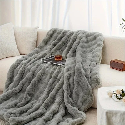 1Pc Cozy Faux Luxurious Rabbit Fleece Throw Blanket - Image 1 of 4