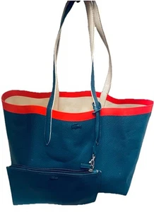 SET WITH POUCH LACOSTE SHOULDER SATCHEL TOTE BAG GREEN&RED TRIM PVC - Picture 1 of 8