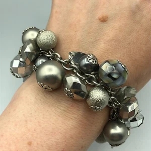 ACCESSORIZE Charm Bead Bracelet Silver Tone Sparkle Festival Disco Party Retro - Picture 1 of 17