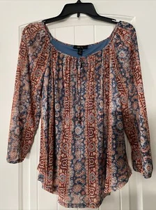 New BCX SM JR's Printed 3/4 Sleeve Peasant,Boho, Paisley, Key hole, Rd hem Top - Picture 1 of 14