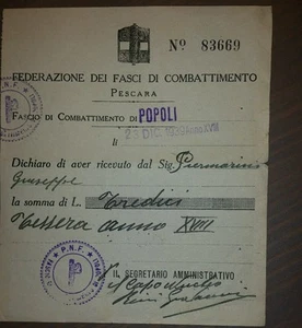 Ricevuta della Federazione dei Fasci di combattimento Popoli Anno 1939 - Imagen 1 de 1