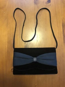 Black Velvet and Rhinestone Bow Tie Evening Bag with Strap by La Regale Ltd. - Picture 1 of 8
