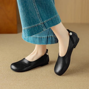 Womens Fashion Leather Round Toe Soft Sole Slip On Loafer Ballet Flat Shoes ECSI - Picture 1 of 14