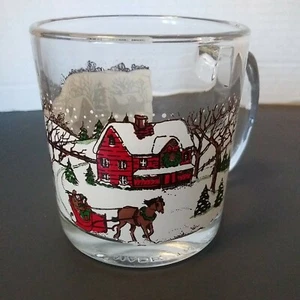 LIBBEY Glass Winter Village Clear Mug Coffee Tea Cup Horse Sleigh Snow Scene USA - Picture 1 of 4