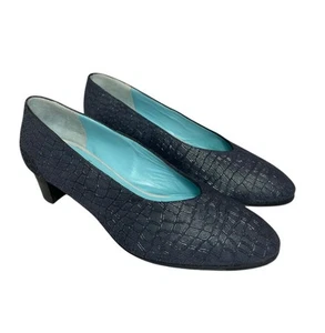 Thierry Rabotin Heels Navy Blue Embossed Leather Pumps EU 37/ US 6.5 - Picture 1 of 12