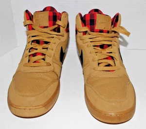 Nike Men's Size 10 Mid Height Sneakers Wheat Brown with Red Plaid Black Swish - Picture 1 of 24