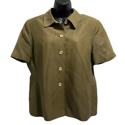 Vintage Kasper Verde Oliva Manga Curta Botão para Cima - Linho e Seda - 14 Pequeno - Imagem 1 de 4