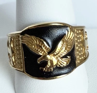Винтажное золотистое кольцо с орлом черная эмаль патриотическая мужская бижутерия размер 11,5 - Изображение 1 из 4