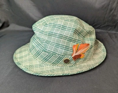Men's Vintage Tweed Green Plaid With Feather Band Fedora Hat Size 7 Rain Guard  - Image 1 of 4