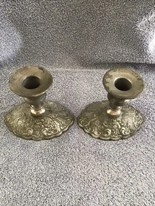Vtg Pewter Candlestick Holders Pair ORNATE SWIRL Rustic Farm House Candle Holder - Picture 1 of 9