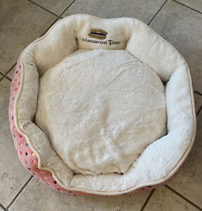 Pet Bed Pink White Plush Reversible Cushion Embroidered Size M-L 26” NEW