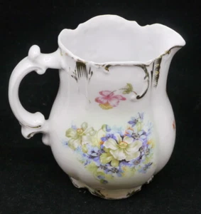VINTAGE PORCELAIN PITCHER WITH MIXED FLOWERS DECORATION, GOLD TRIM, SHABBY CHIC - Picture 1 of 7