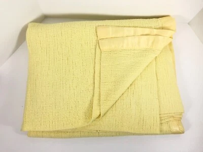 Vintage Thermal Acrylic Blanket Waffle Weave Satin Trim TWIN 69x82 Lemon Yellow - Image 1 of 4