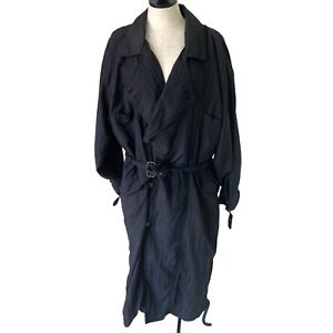 Vintage Persons Mens Trench Coat Black Size Large Pure Polyester Belted Pockets