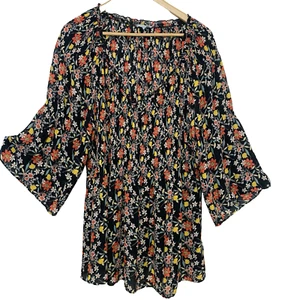 Floral Ivy Blouse Top Woman 3X Peasant Dark Floral Smocking Flare Sleeve Boho - Picture 1 of 10