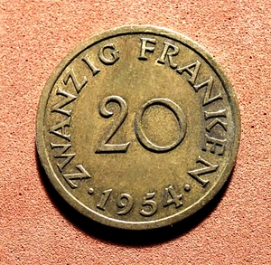 SAARLAND-1954-20 FRANKEN-ALUM/BRZ., 23.8mm., PARIS MINT- NICE DETAILS KM#2 MSC - Picture 1 of 3