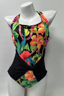 Traje de baño ajustado vintage Carol Wior para mujer talla 16 una pieza con aros floral Foto 1 de 4