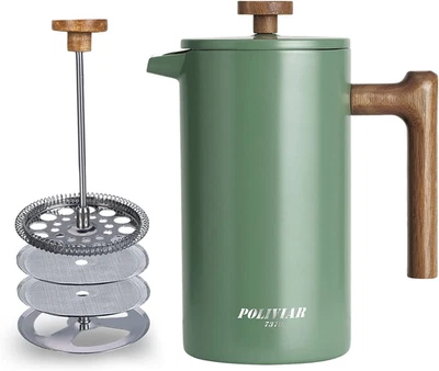 Cafeteira de prensa francesa POLIVIAR, 34 oz prensa de café com cabo de madeira real, faça - Imagem 1 de 4