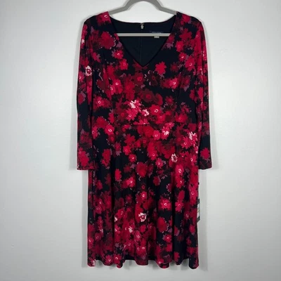 Tommy Hilfiger Dress Womens 14 Red Fit and Flare Floral Watercolor Romantic - Image 1 of 4