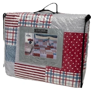 Super King Bedspread Set Blue Red Check Patchwork Modern Luxury - Picture 1 of 3