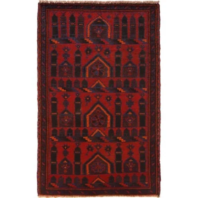 Tribal Afghan Handmade Prayer Rug Wool 100% Knotted Area Rug 2'8x4'5, Red W15510 - Image 1 of 4