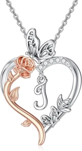Rose Heart Necklaces Gifts for Women 925 Sterling Silver Butterfly Heart Initial - Picture 1 of 6