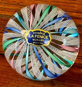 Murano Italy Glass Paperweight Zanfirico La Fenice Latticino Swirl w Label MCM - Picture 1 of 10