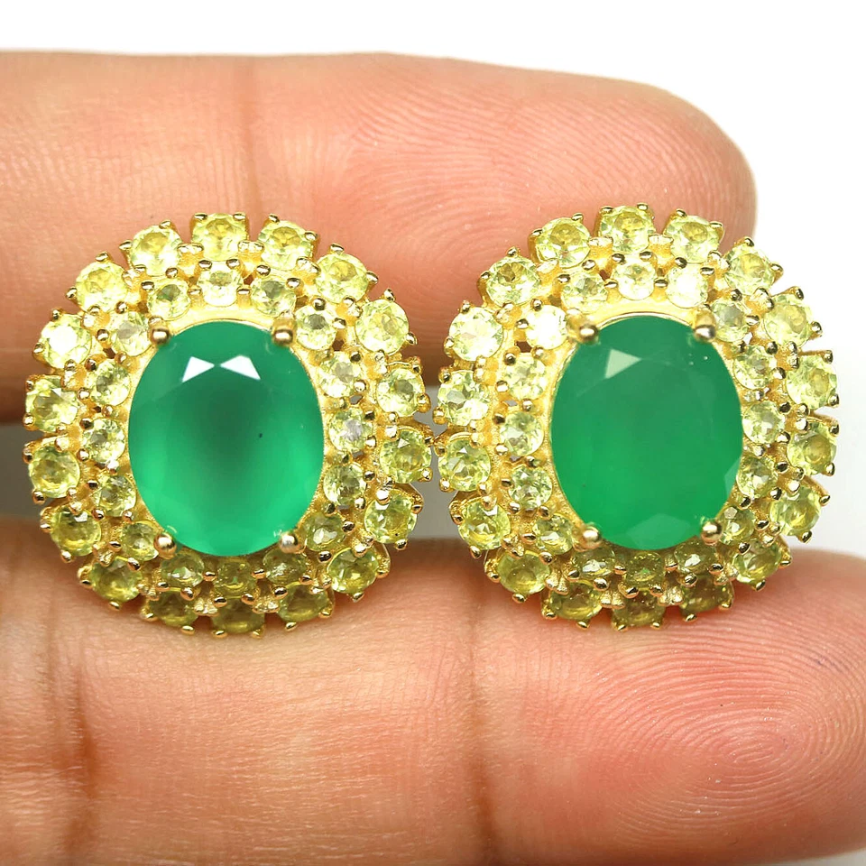 Nicht Erhitzt Grüner Achat & Peridot Ohrringe 925 Sterlingsilber 18K Vergoldet - Bild 1 von 4