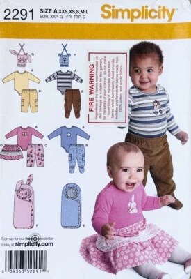 Simplicity Pattern 2291: Baby Bib Bodysuit Pants Skirt & Bunting - Sizes XXS - L - Image 1 of 2