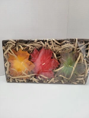 Juego de 3 velas de hoja de arce de otoño de 3" x 3,5" colores de otoño en cesta decorativa Foto 1 de 4