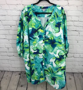Vestido túnica informal Catherines Top para mujer 4X verde floral ligero con botones - Imagen 1 de 17