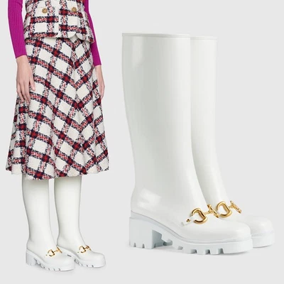 GUCCI BOOTS KNEE HIGH WHITE RUBBER with HORSEBIT DETAIL $850 sz 38G US 8 - Image 1 of 4