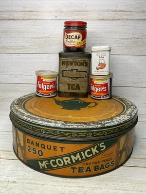 Vintage Coffee & Tea Tin Lot McCormick Folgers 1 oz Sample Nestle Decaf Jar Rare - Image 1 of 4