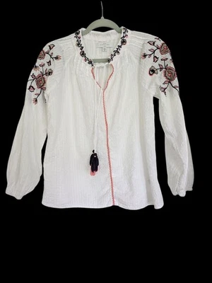 Blusa campesina boho bordada pequeña pequeña de algodón blanca para mujer  Foto 1 de 4