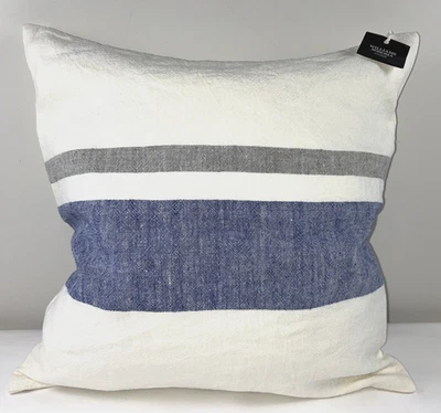 NEW WILLIAMS SONOMA 20x20 Pillow Cover Linen White Blue Gray Stripe Lined $129 - Image 1 of 4